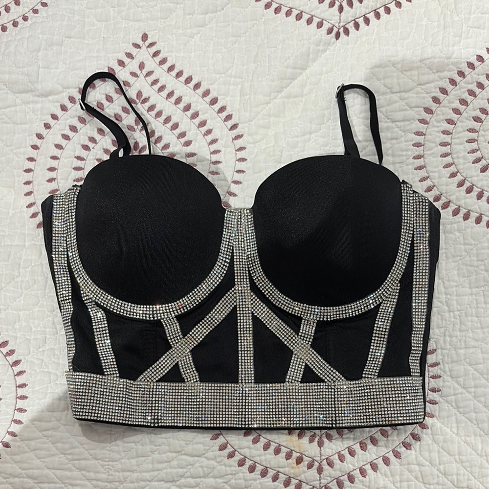 AKIRA Black and Silver Embellished Bustier Top